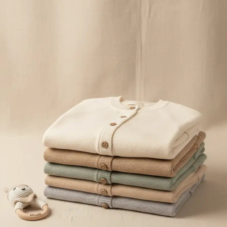 stapen baby en peuter vestjes van wol in verschillende kleuren tegen ee. beige achtergond. op de voorgrond een gehaakte rammelaar met houten ring waarin de naam Moalie is gegraveerd.