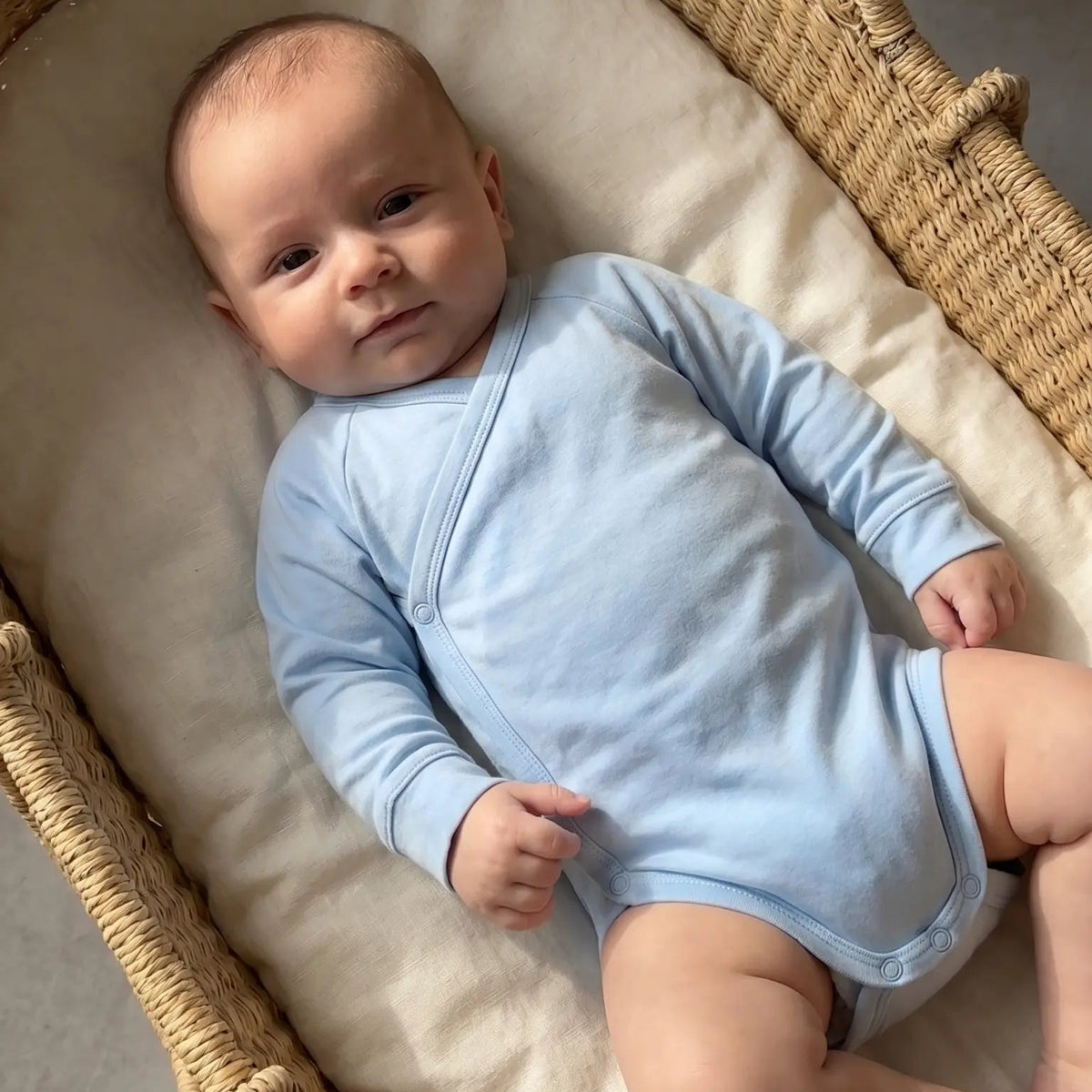 baby in lichtblauwe overslag romper