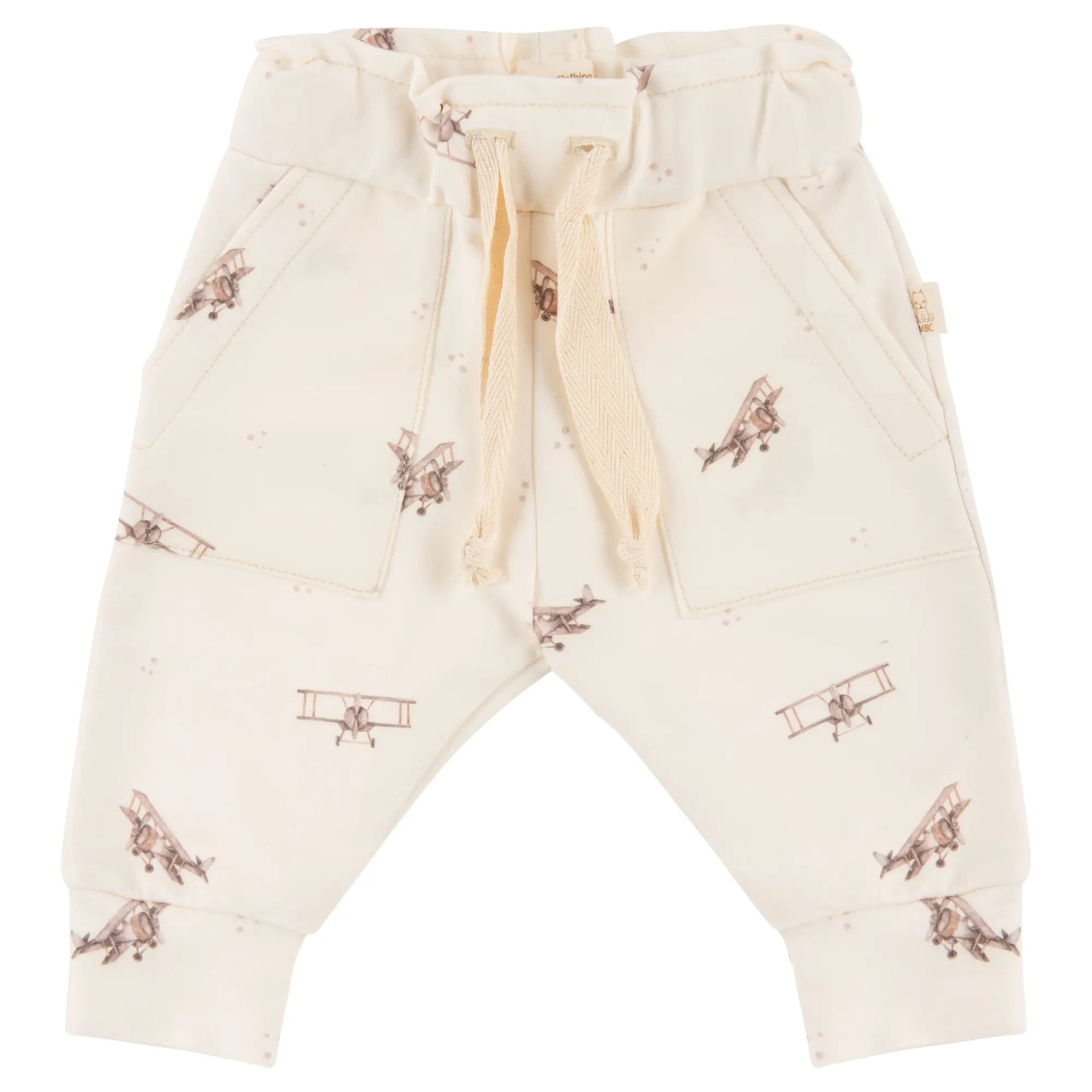 baby jogger broekje off white met bruine vintage vliegtuig print