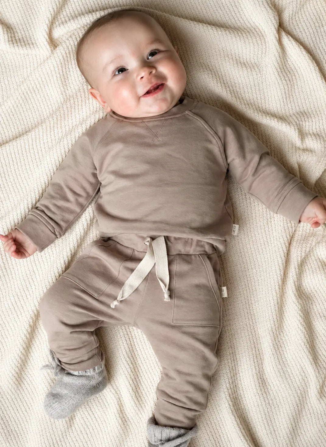 baby in jogger set taupe french terry 