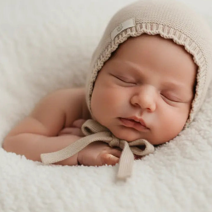 baby met merinowollen strik mutsje met geschulpte rand