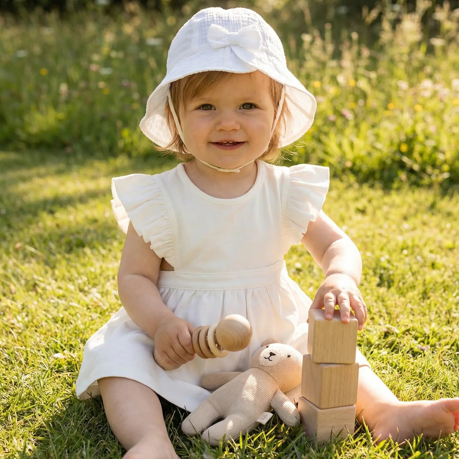 baby op het gras met wit jurkje met ruffles en wit katoenen zonnehoedje met strik