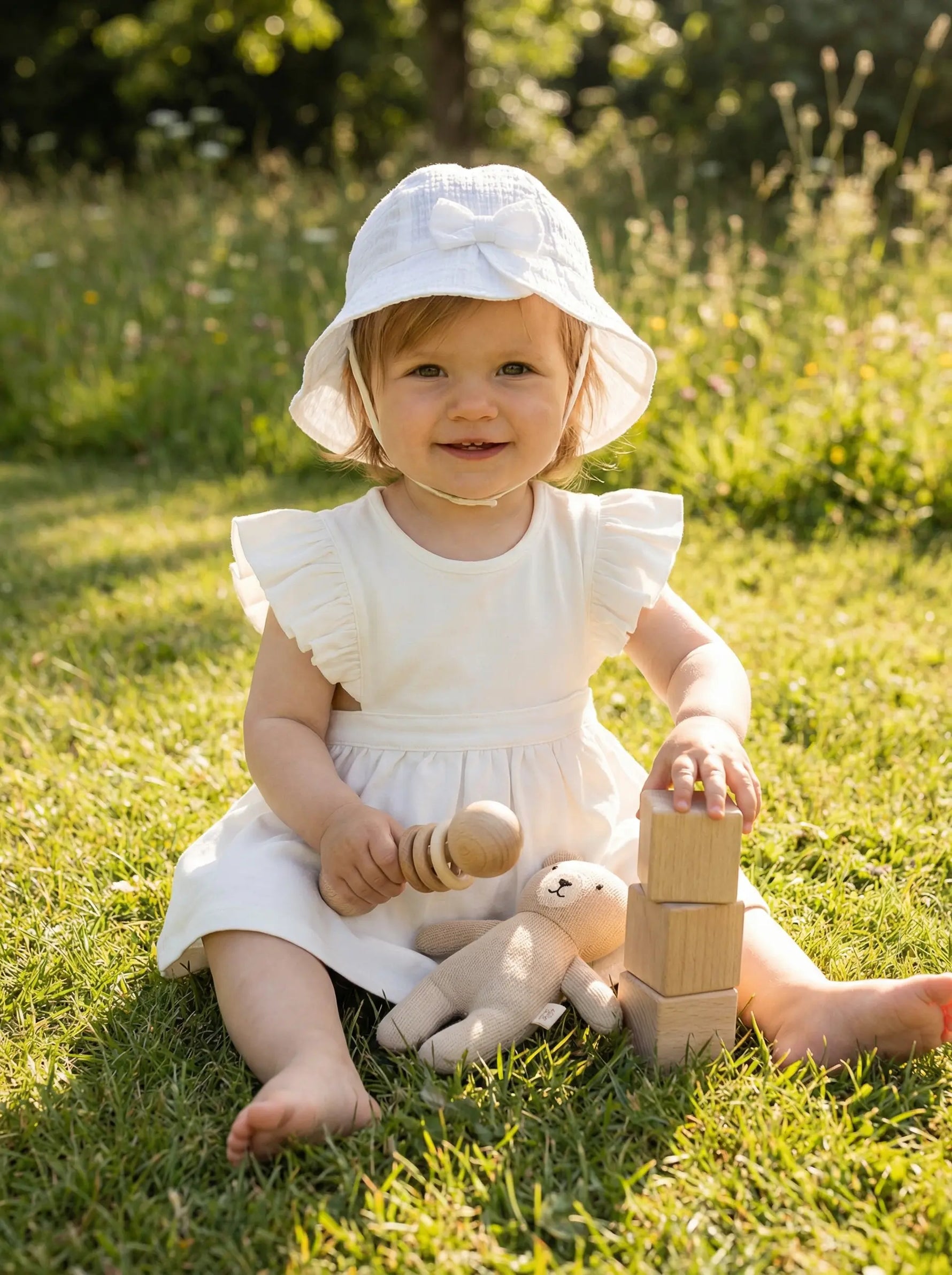 baby op het gras met wit jurkje met ruffles en wit katoenen zonnehoedje met strik
