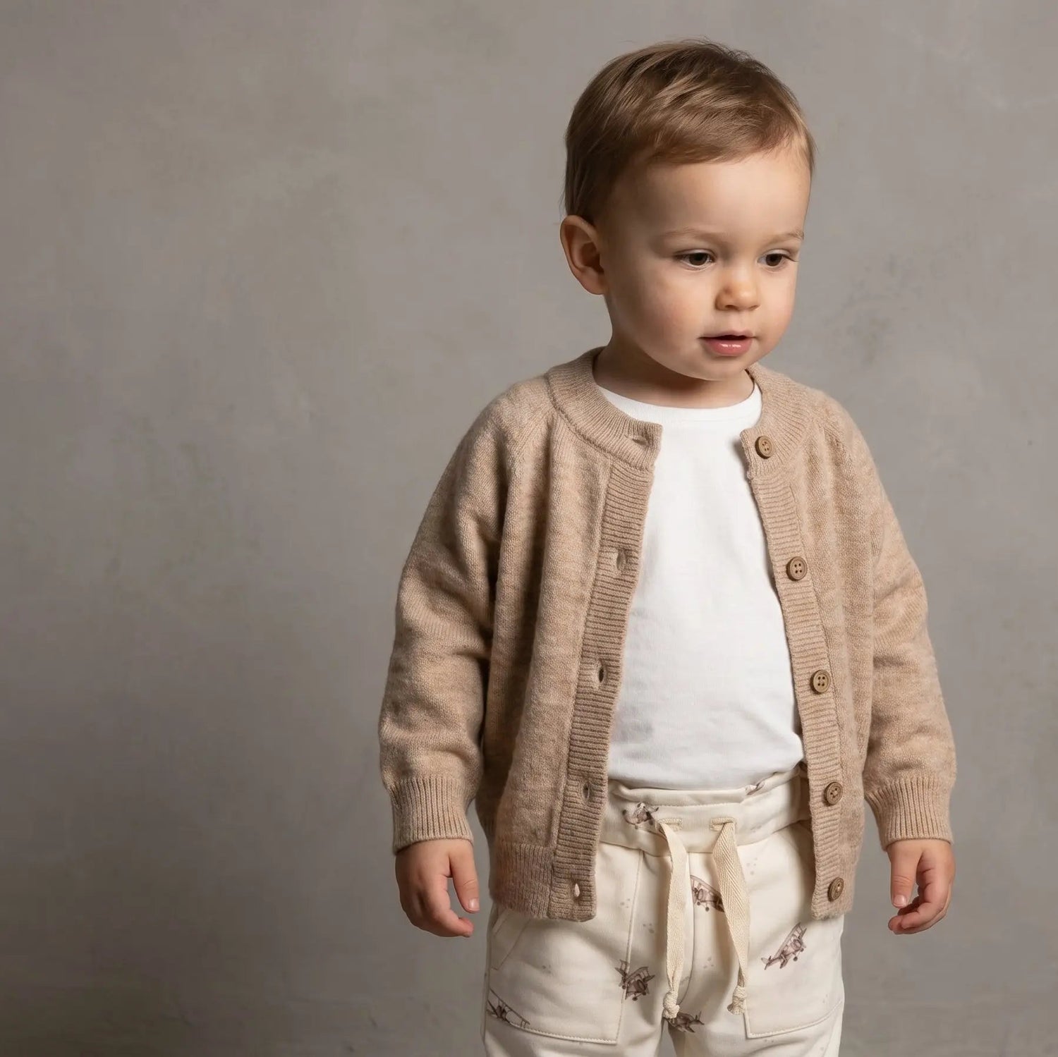 peuter in beige merinowolllen vestje en jogger met vliegtuig print 