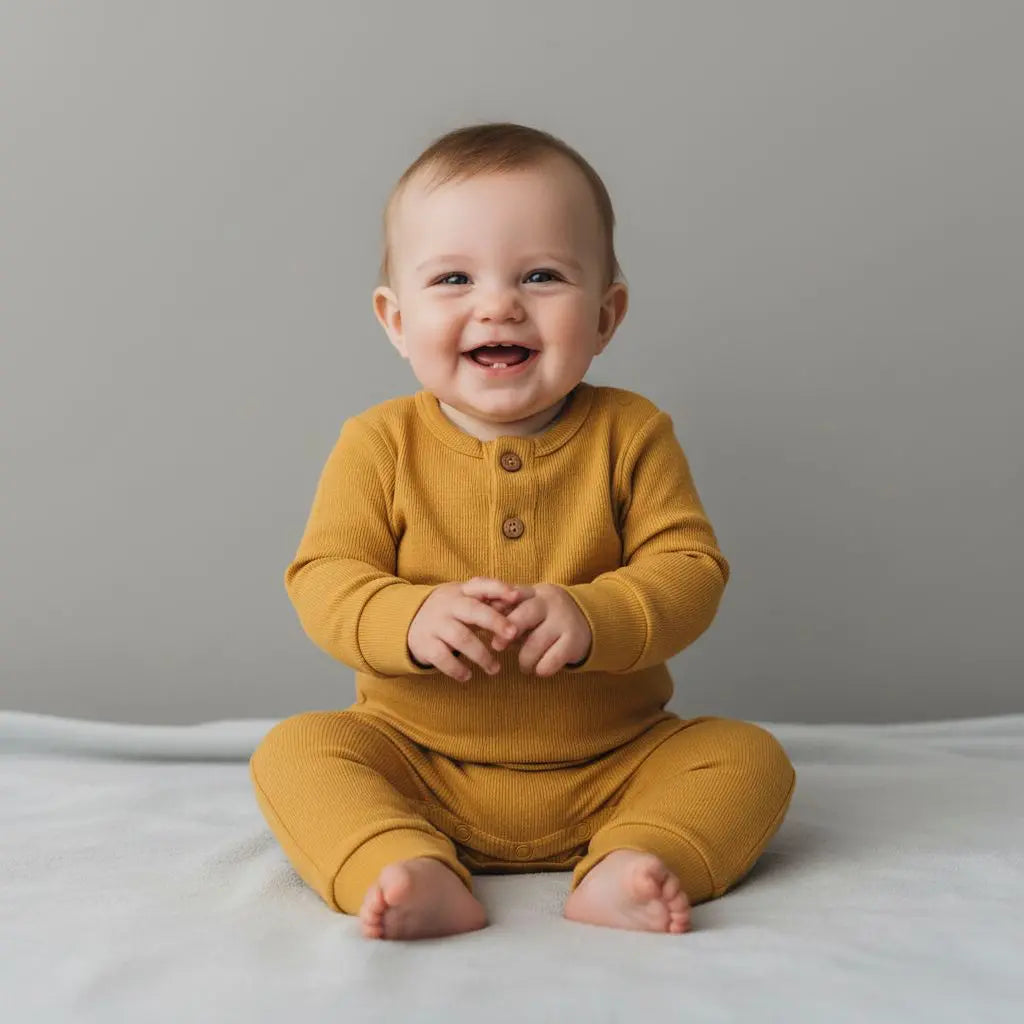 zittende lachende baby in okergeel bokpakje van biologisch ribkatoen 