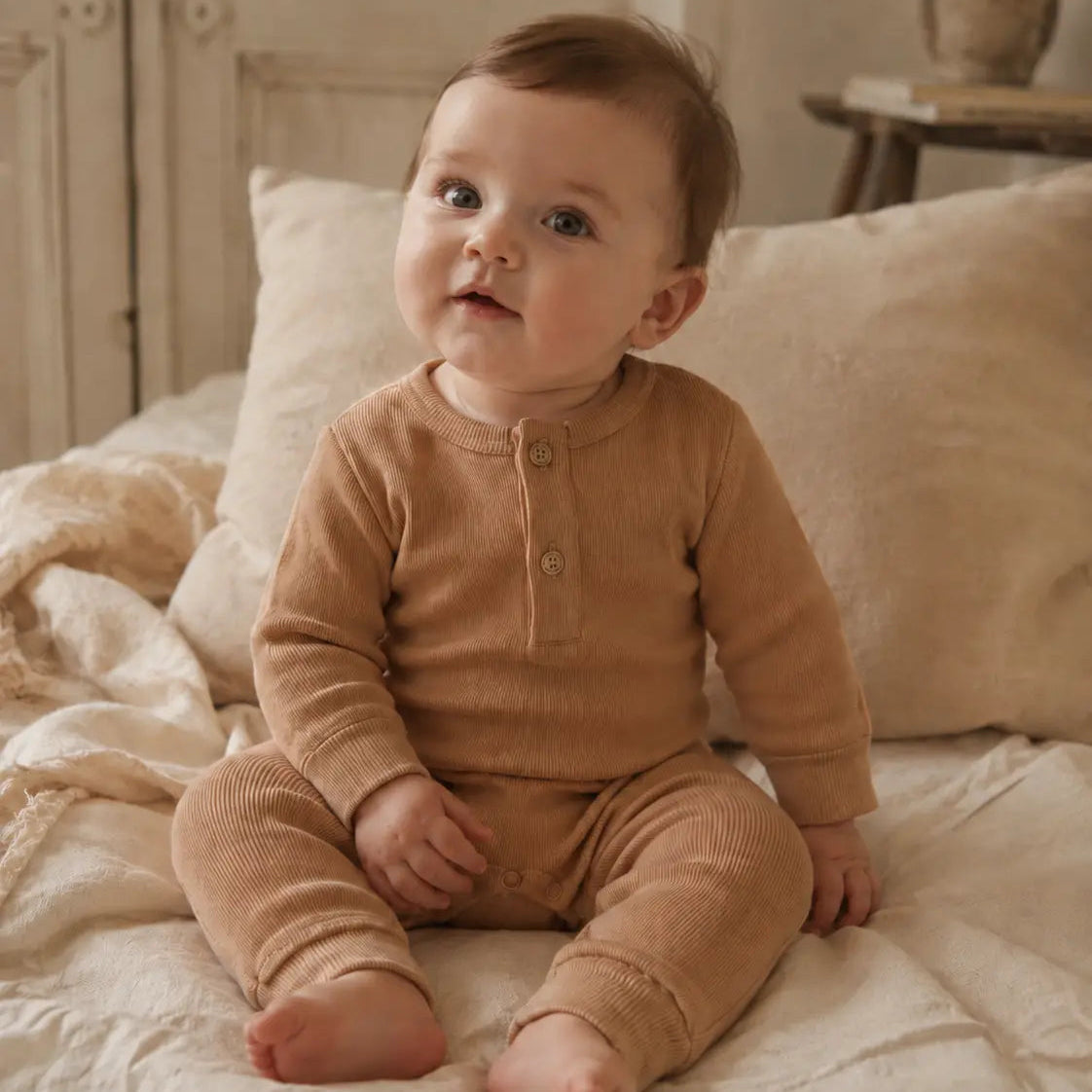 baby zuttende op beige bank in vintage stijl kamer. de babydraagt een camel kleruig boxpakje van biologisch katoen
