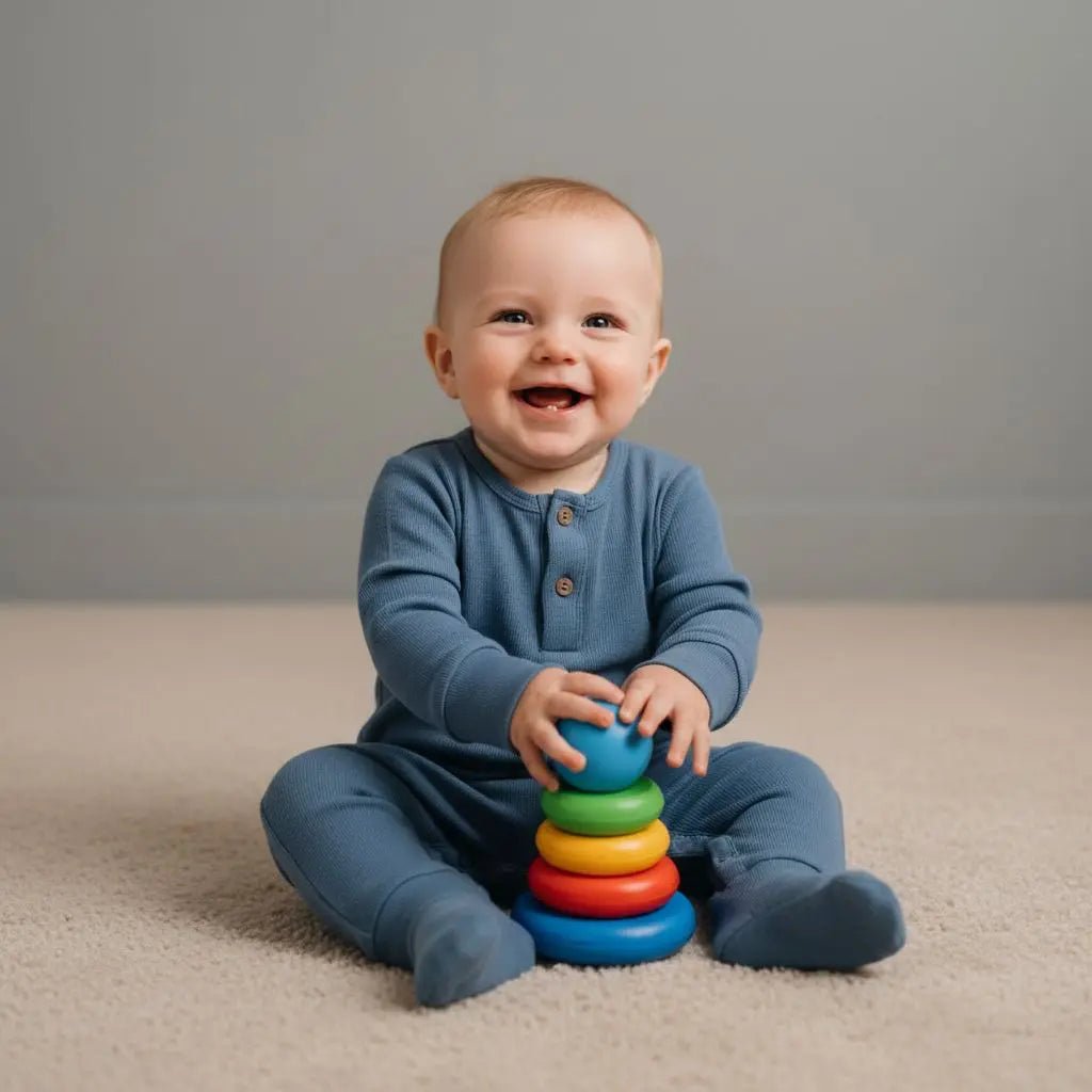 baby indenim blauwe jumpsuit van biologisch rib katoen spelend op een beige kleed