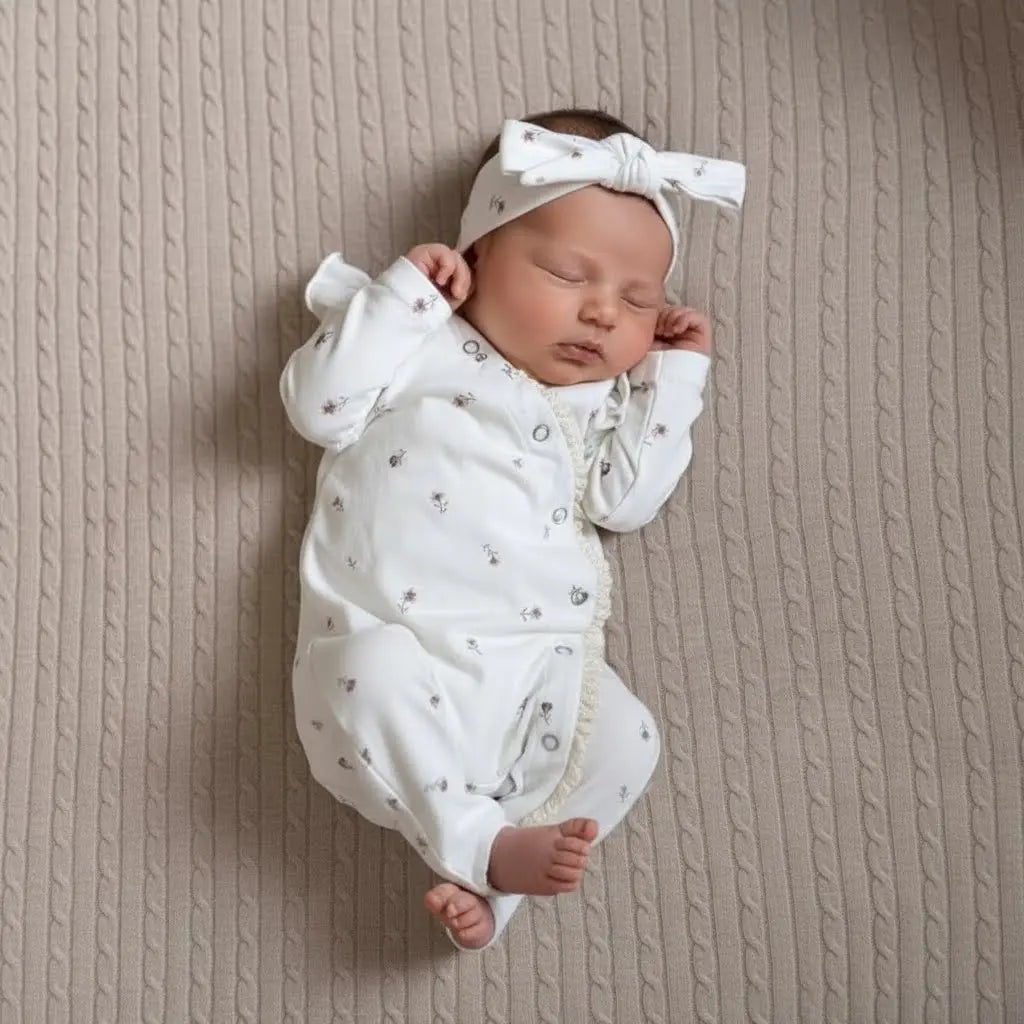 Sleeping newborn in baby grow with ploral pattern and lace trim