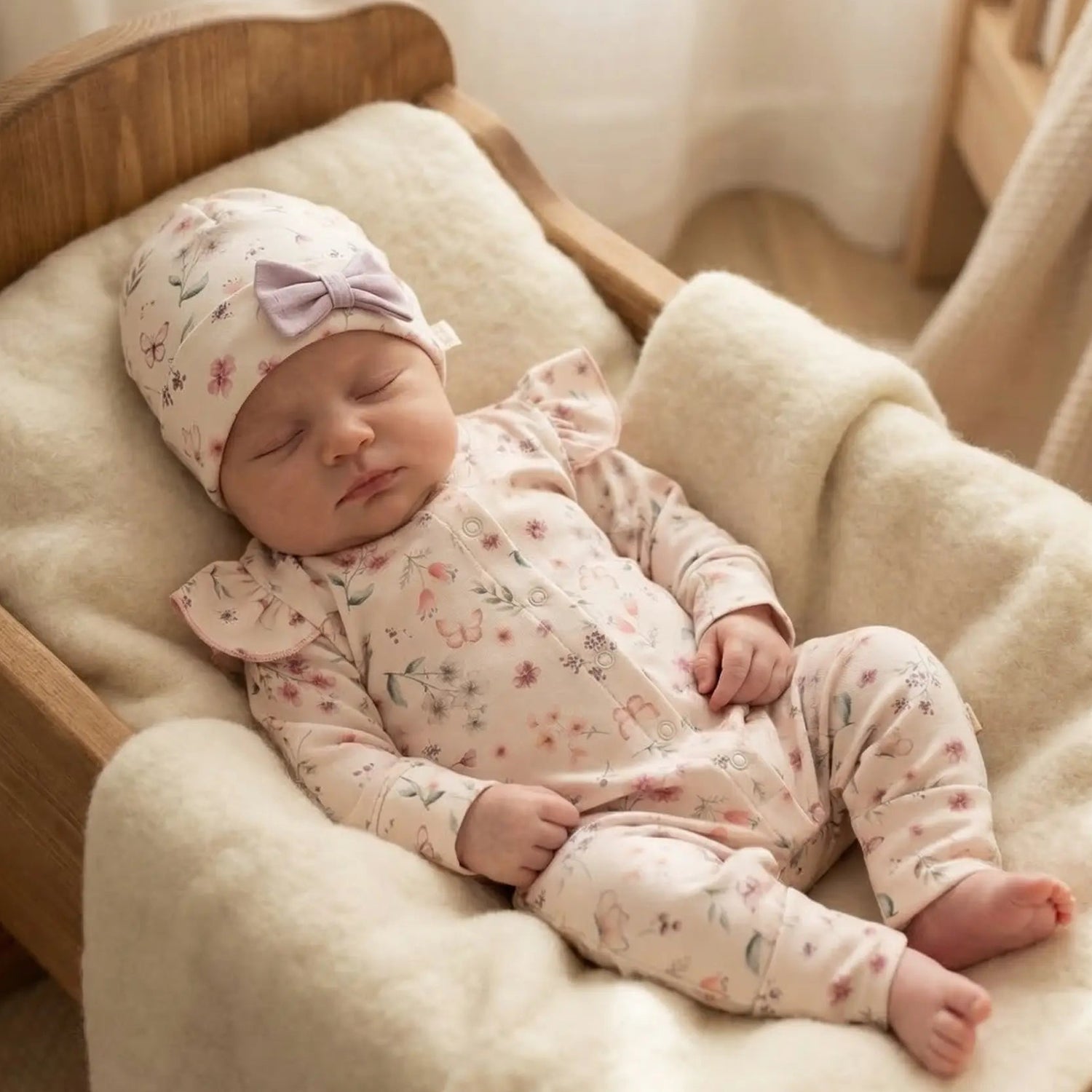 slapende baby ingebloemd newborn setje- boxpakje en mutsje 