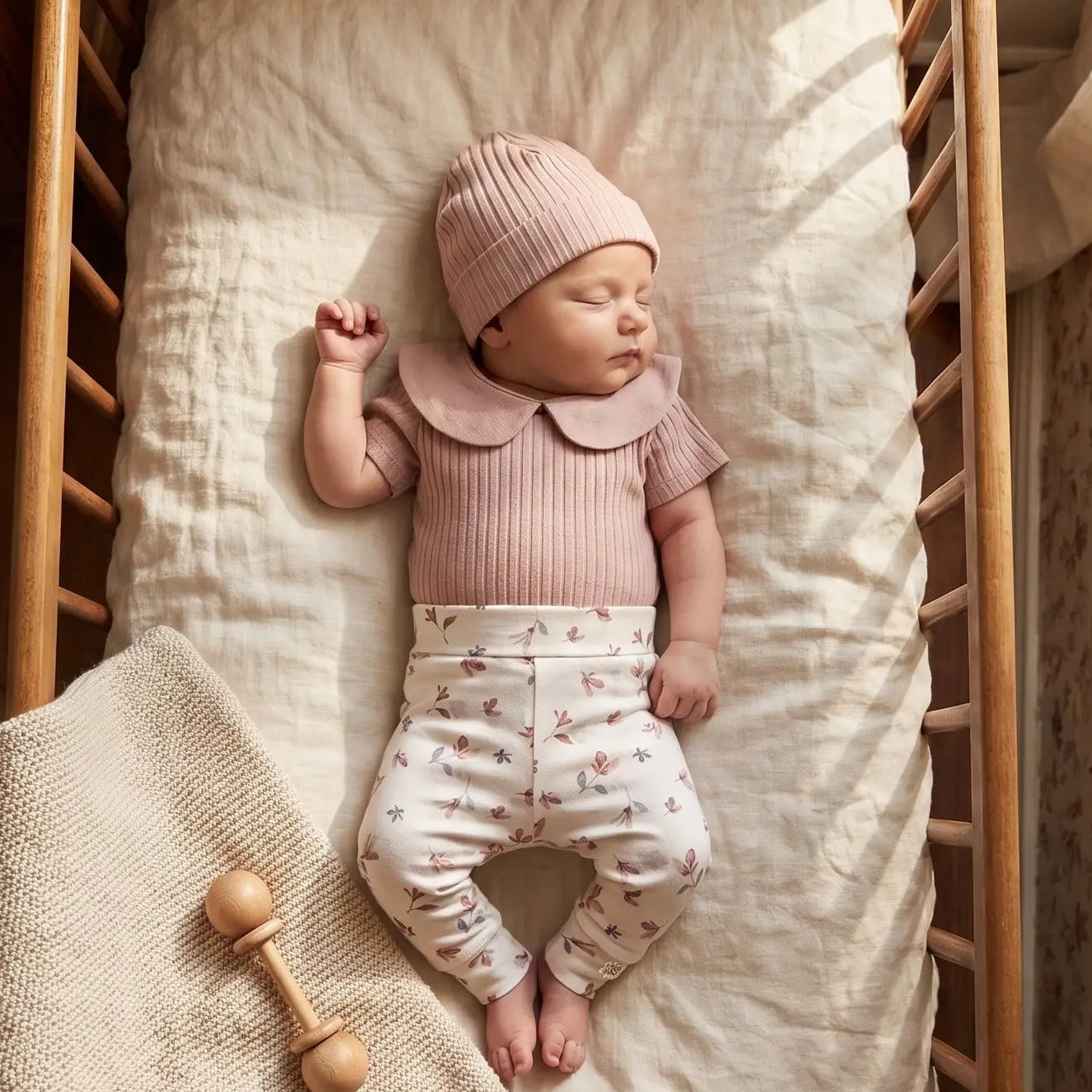 Slapende newborn in houten wiegje gekleed in de Petal Legging met bloemenprint en bijpassend oud roze ribstof shirtje en mutsje van Moalie
