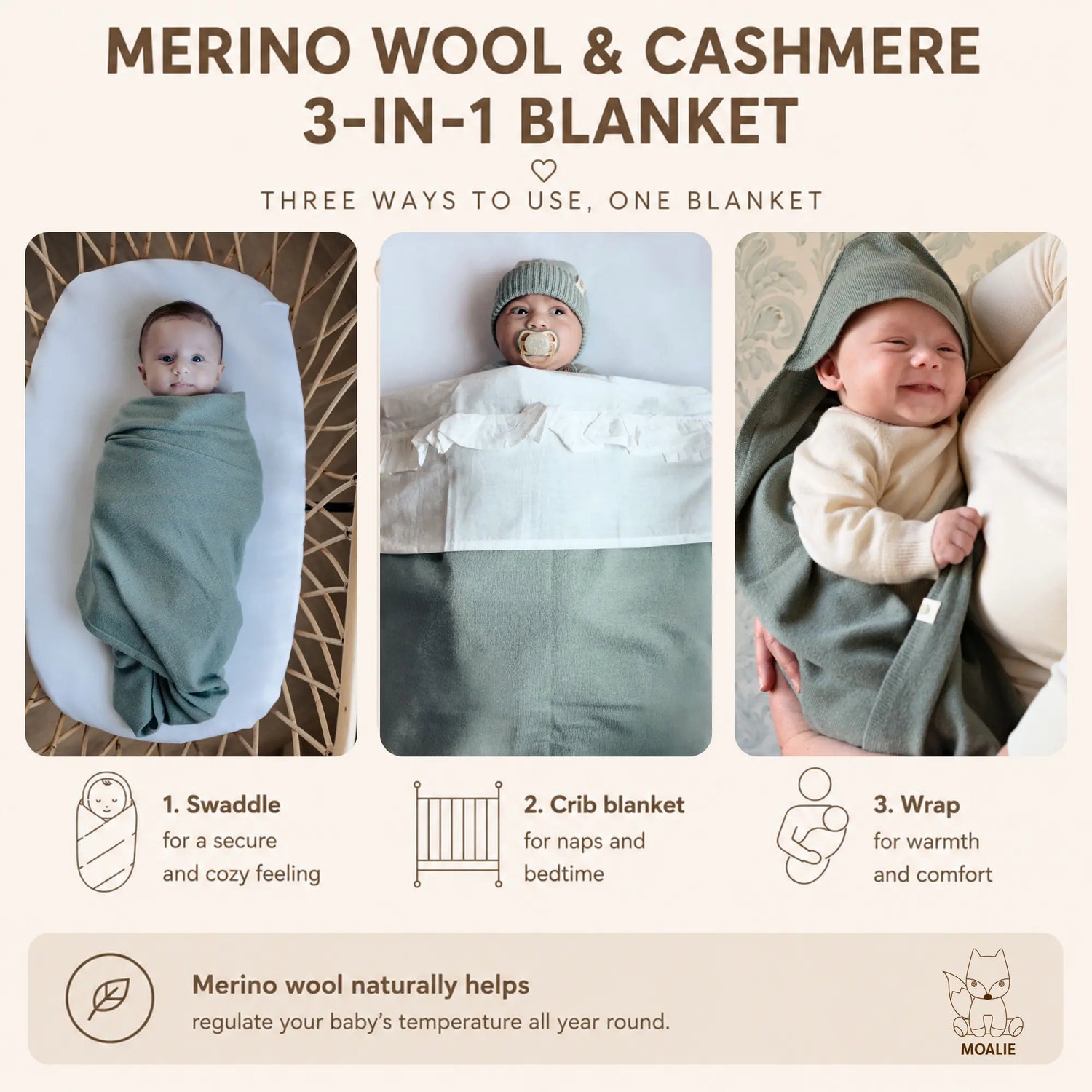 Babydecke aus Merinowolle (3 in 1)