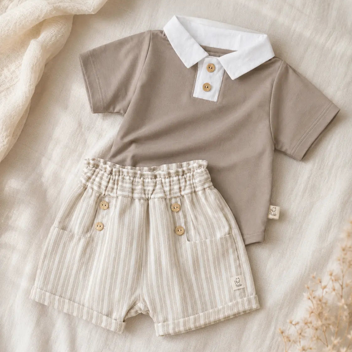 jongens zomer setje voor baby's taupe/linnen. De set bestaat uit een poloshirtje met linnen kraagje en een gestreept linnen shortje 