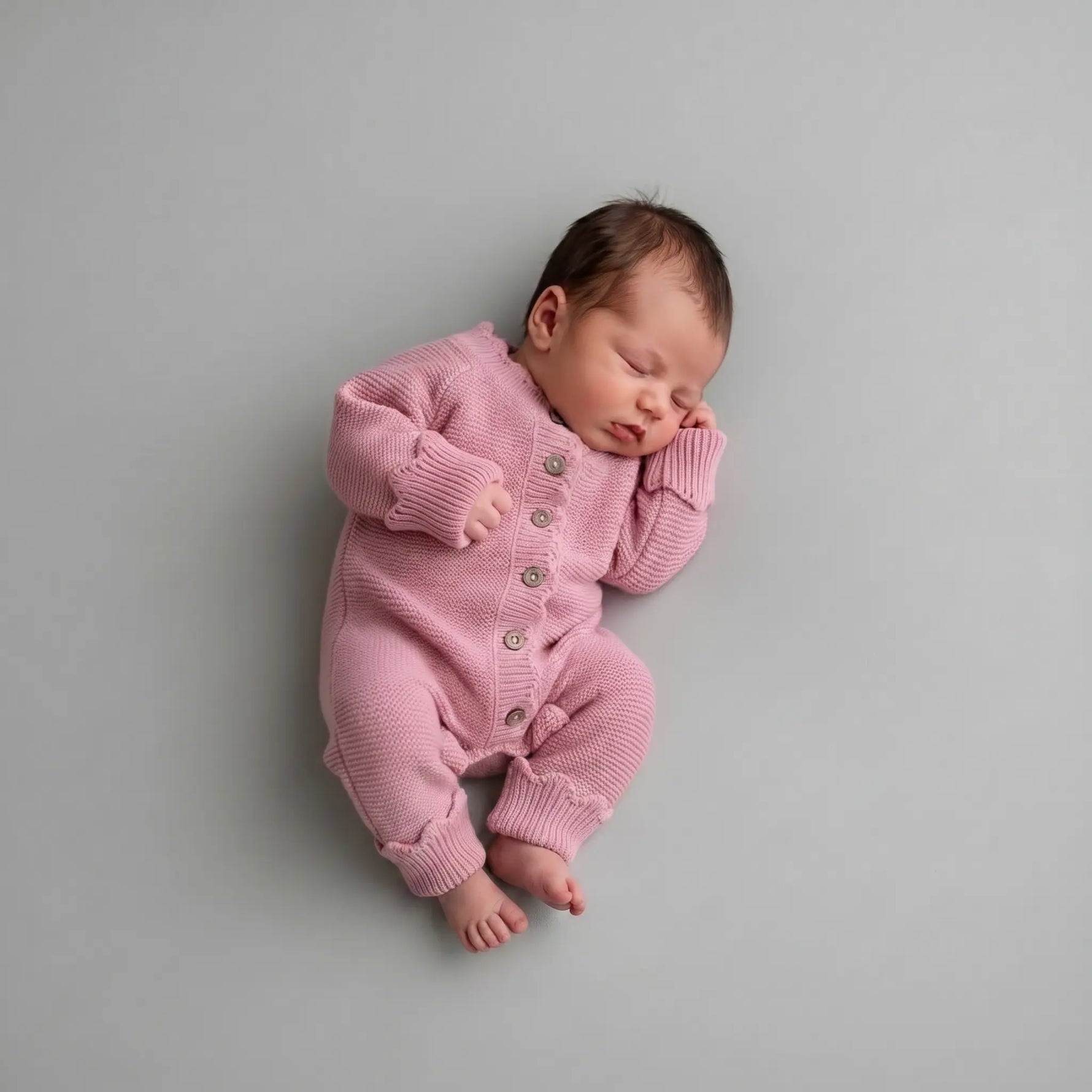 Slapende newborn in roze katoenen gebreid baby pakje, maat 40/44 – Moalie