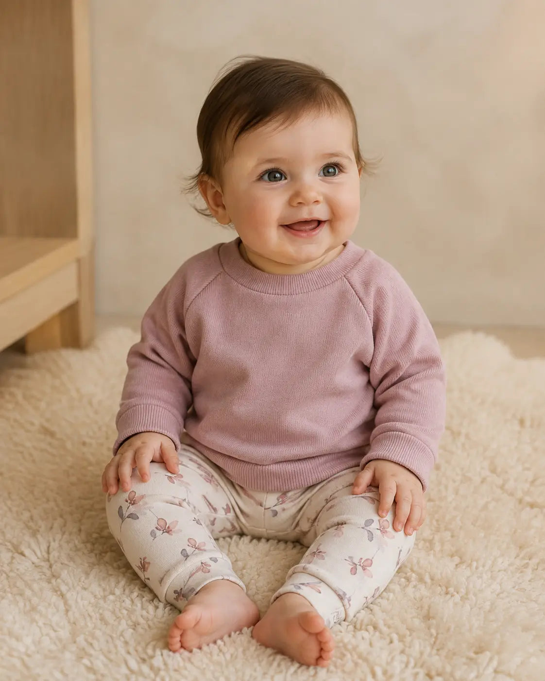 baby sitting on carpet, wearing a pink sweater from knitted fabric and floral handmade baby leggings.