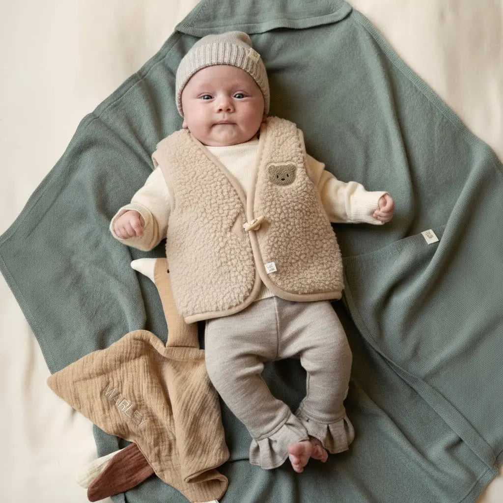 baby liggend op sage groene wollen deken. Gekleed in merinowollen outfit van Moalie met daaroverheen een mouwloos vetsje van merinowol met beertje 