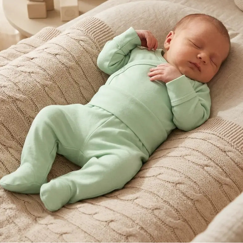 slapende baby in mint groen baby broekje en overslag romper van katoen- Moalie