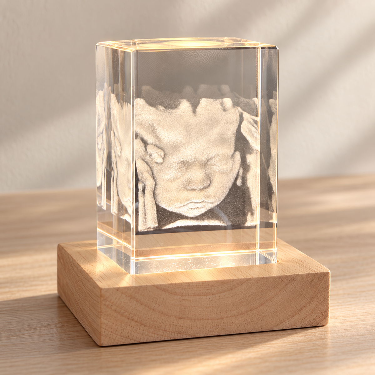Voorbeeld van fotokristal met 3D-echo op verlichte houten voet