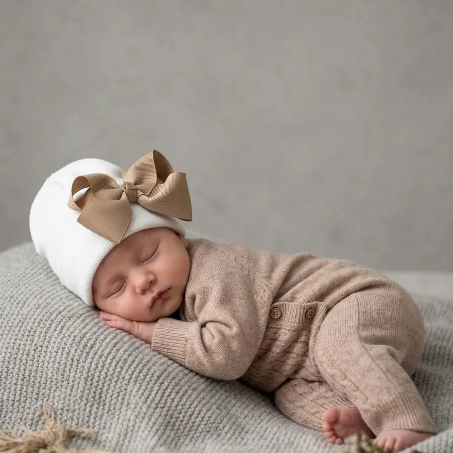 Gorrito de recién nacido con lazo beige oscuro