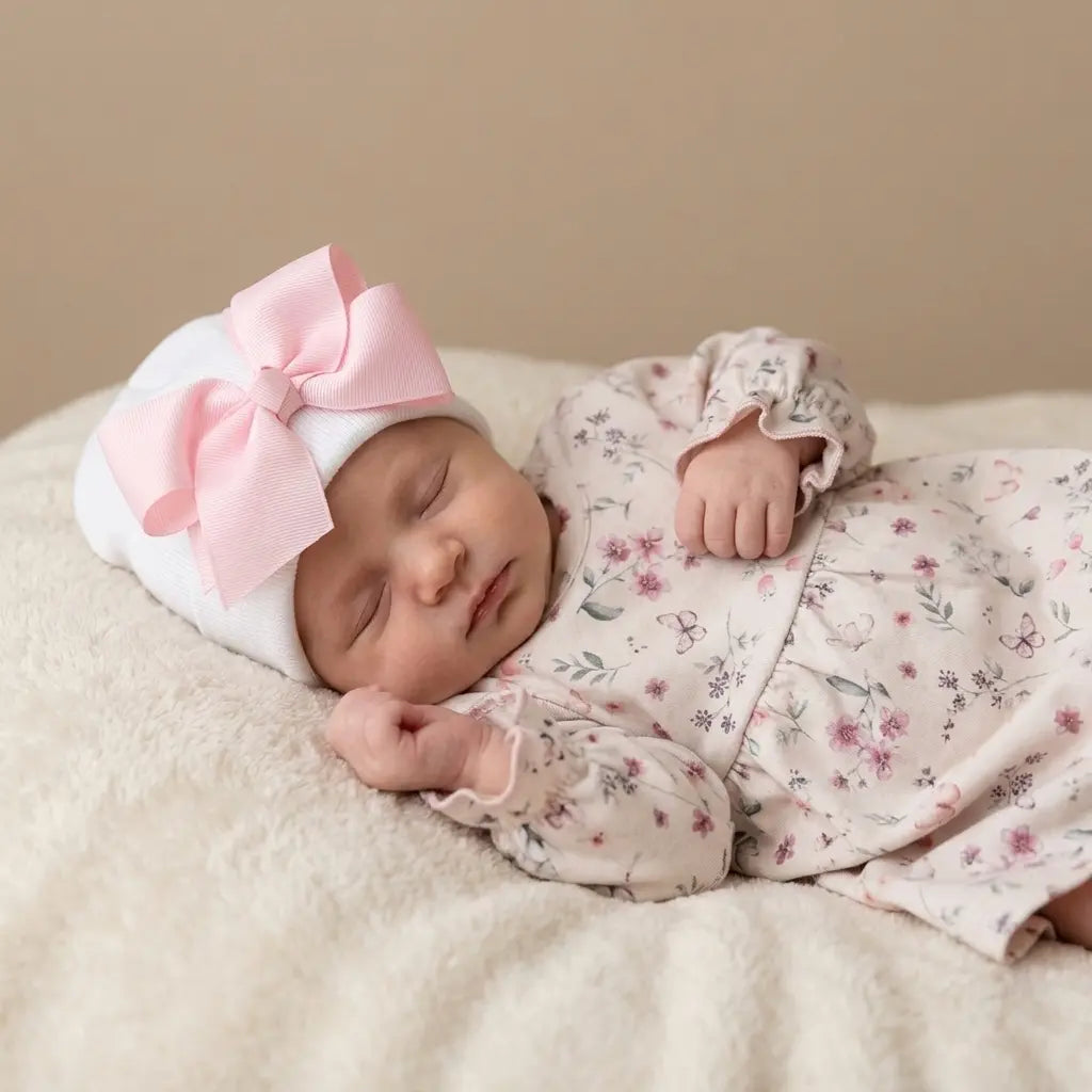 baby in newborn beanie white with pink satin bow and cotton dress with floral pattern