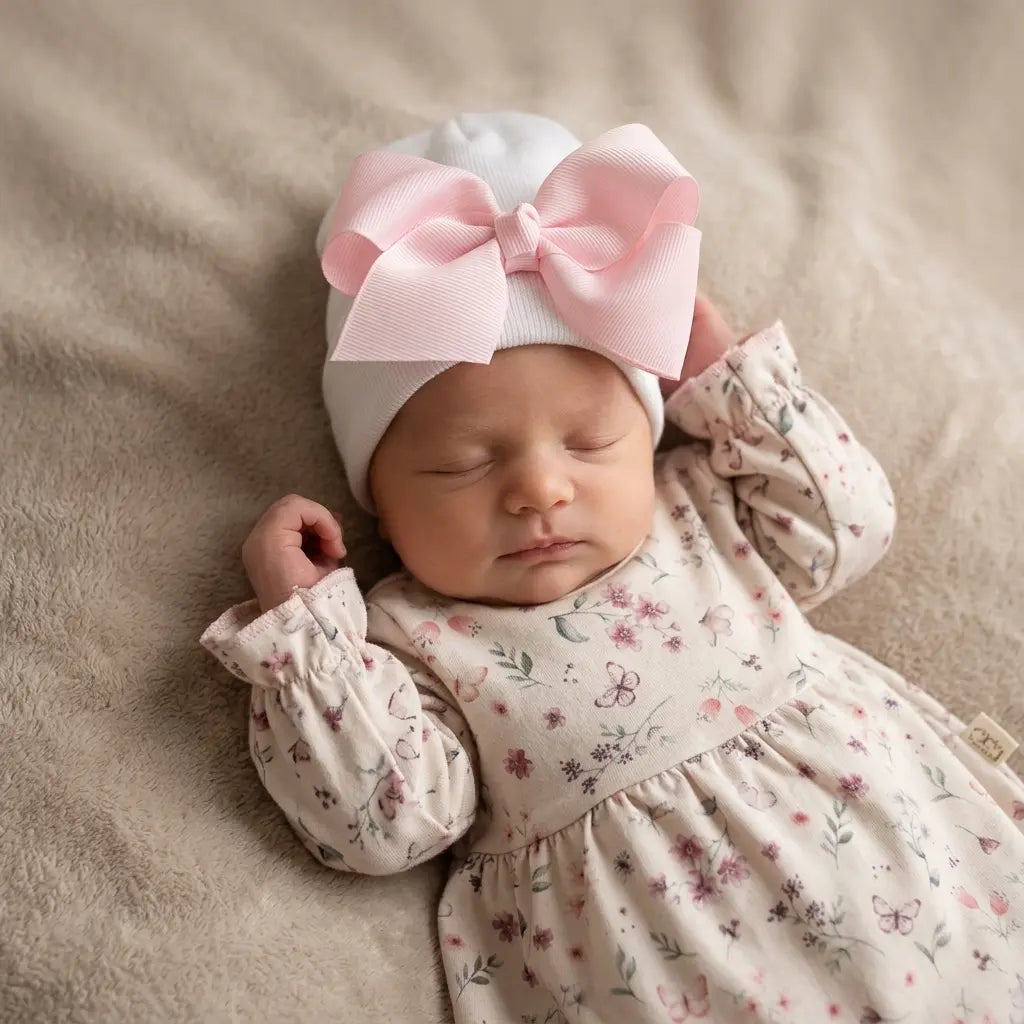 sleeping newborn on beige blanket. The baby is wearing a white newborn beanie wit pink bow and cotton light pink dress with flower pattern
