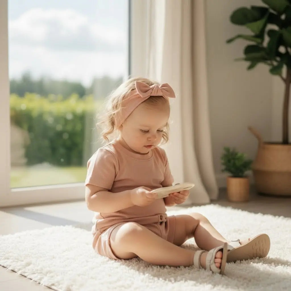 peuter zitten op de grond op beige vloerkleed. Gekleed in een katoenen oudroze outfit bestaande uit een short en t-shirt met bijpassende haarband 