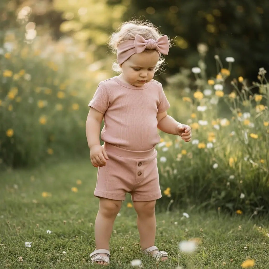 Peuter staand in gras en gekleed in een t-shirt, korte broek en haarband van oud roze biologisch katoen