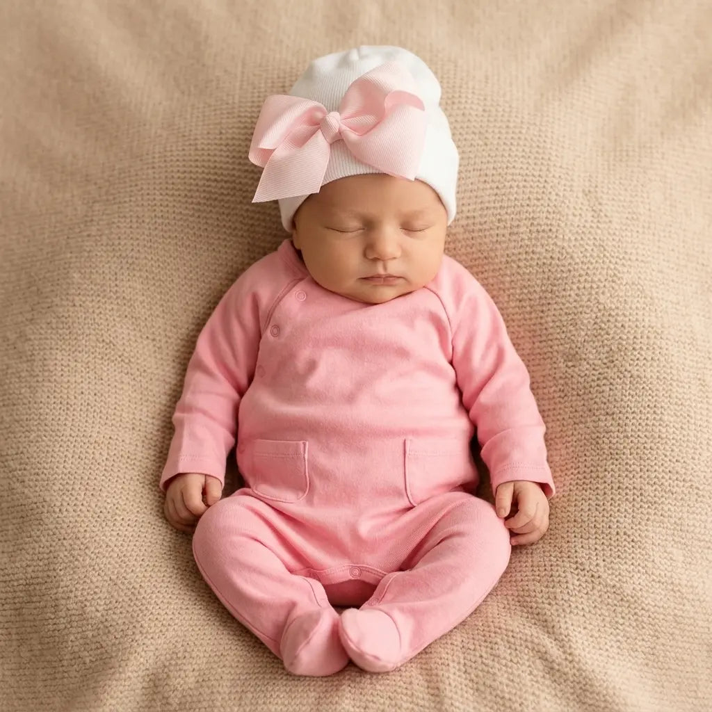 newborn in pink babygrow with footies and a white newborn beanie with pink satin bow