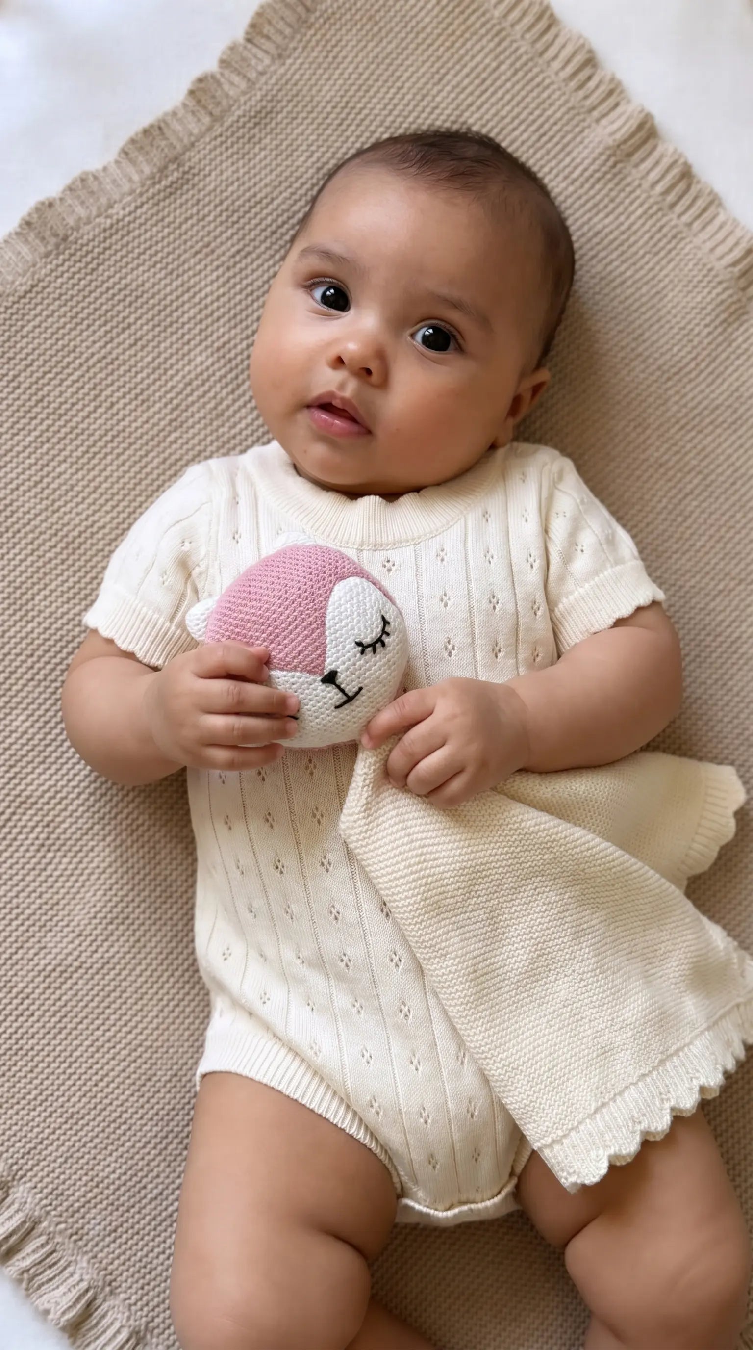 baby op gereide deken met knuffeldoekje in de handen. de baby draagt een pointelle romper van gebreid cream katoen 