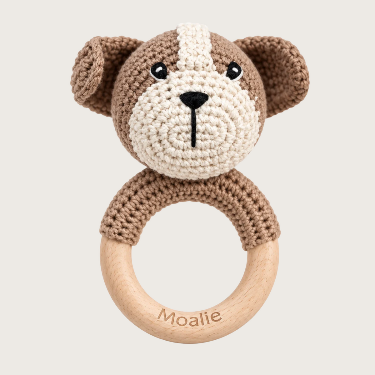 Rammelaar Bello gehaakte hond met houten ring - Moalie