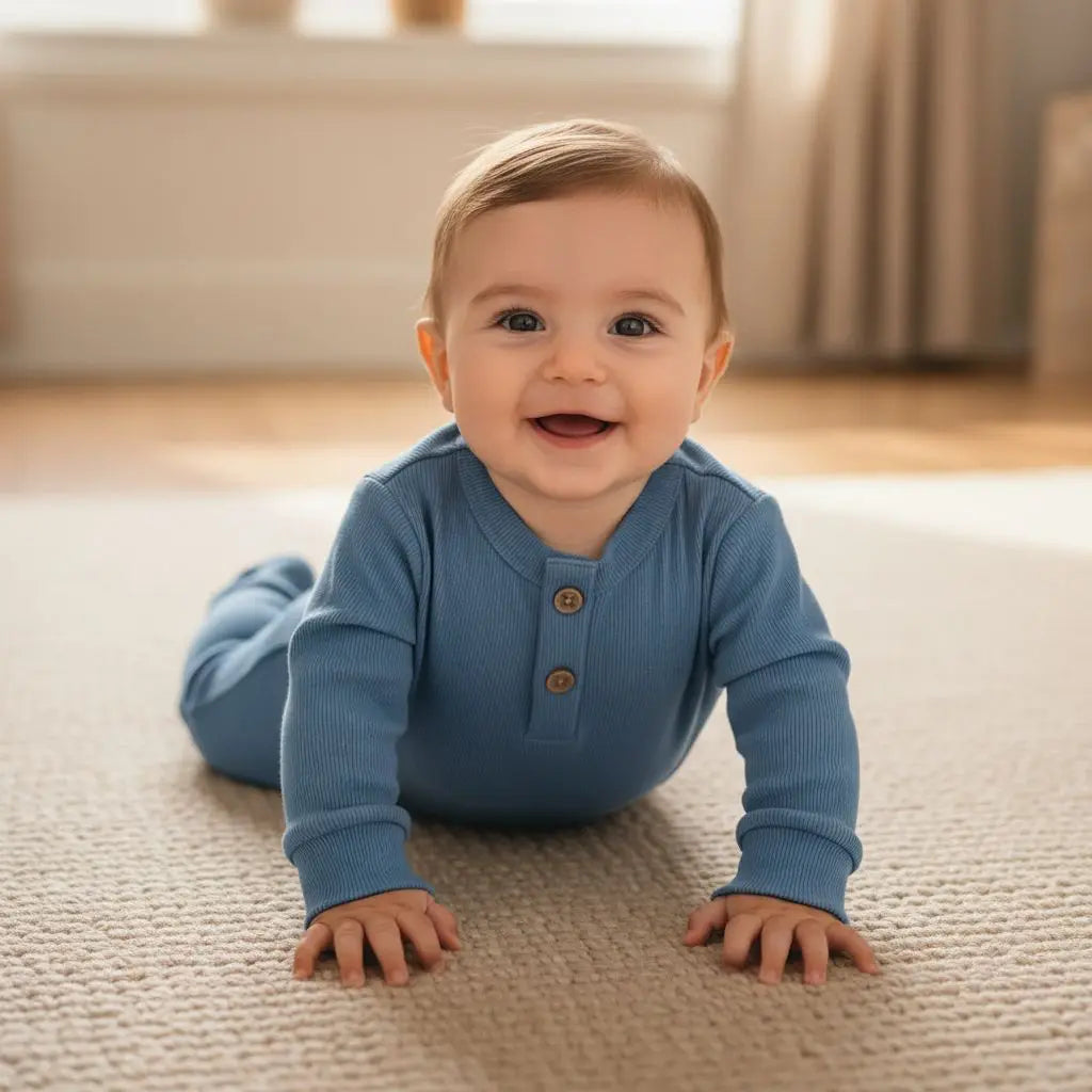baby in buikligging op beige kleed. de baby draagt een boxpakje in denimblauw, gemaakt van biologisch katoenen ribstof 
