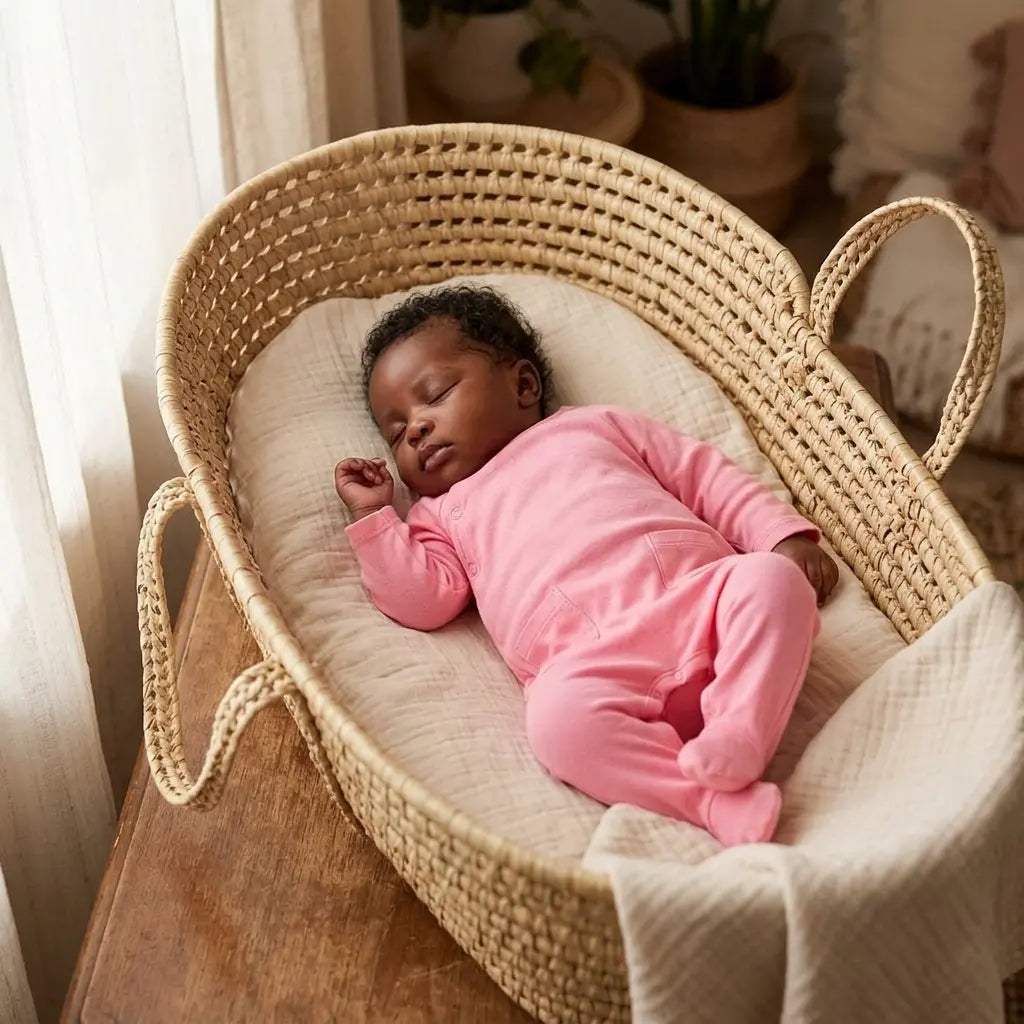slapende  baby  in rieten mandje in een katoenen roze boxpakje