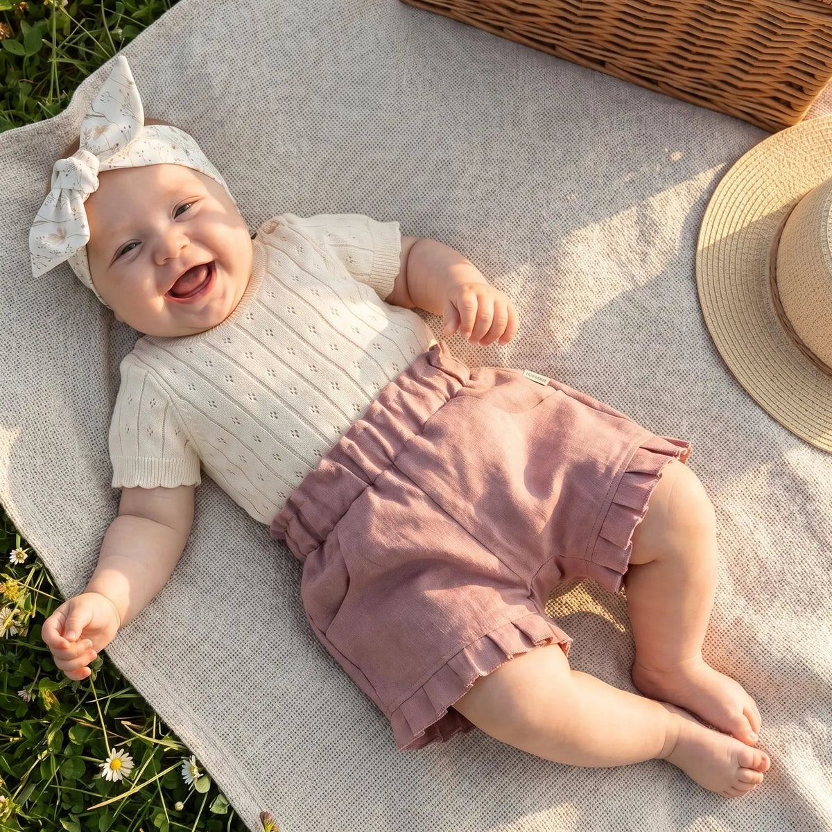 lachende baby liggend op kledd op gras tijdens picknick. de babu draagt een roze linnen babyshort en gebreide creme kleurige pointelle romper en gebloemde haarband van Moalie
