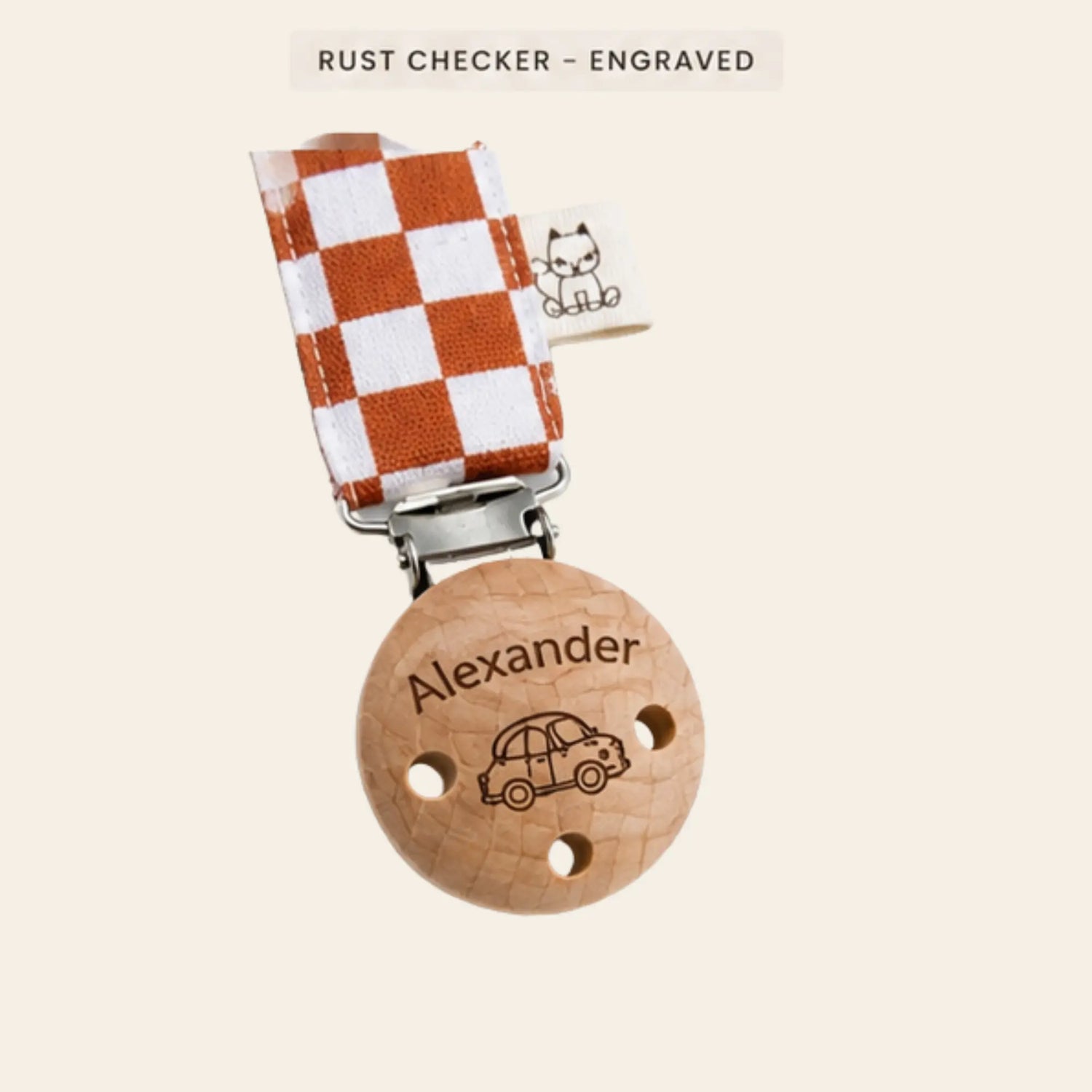 Speenkoord Checkers – terracotta – katoen met houten clip