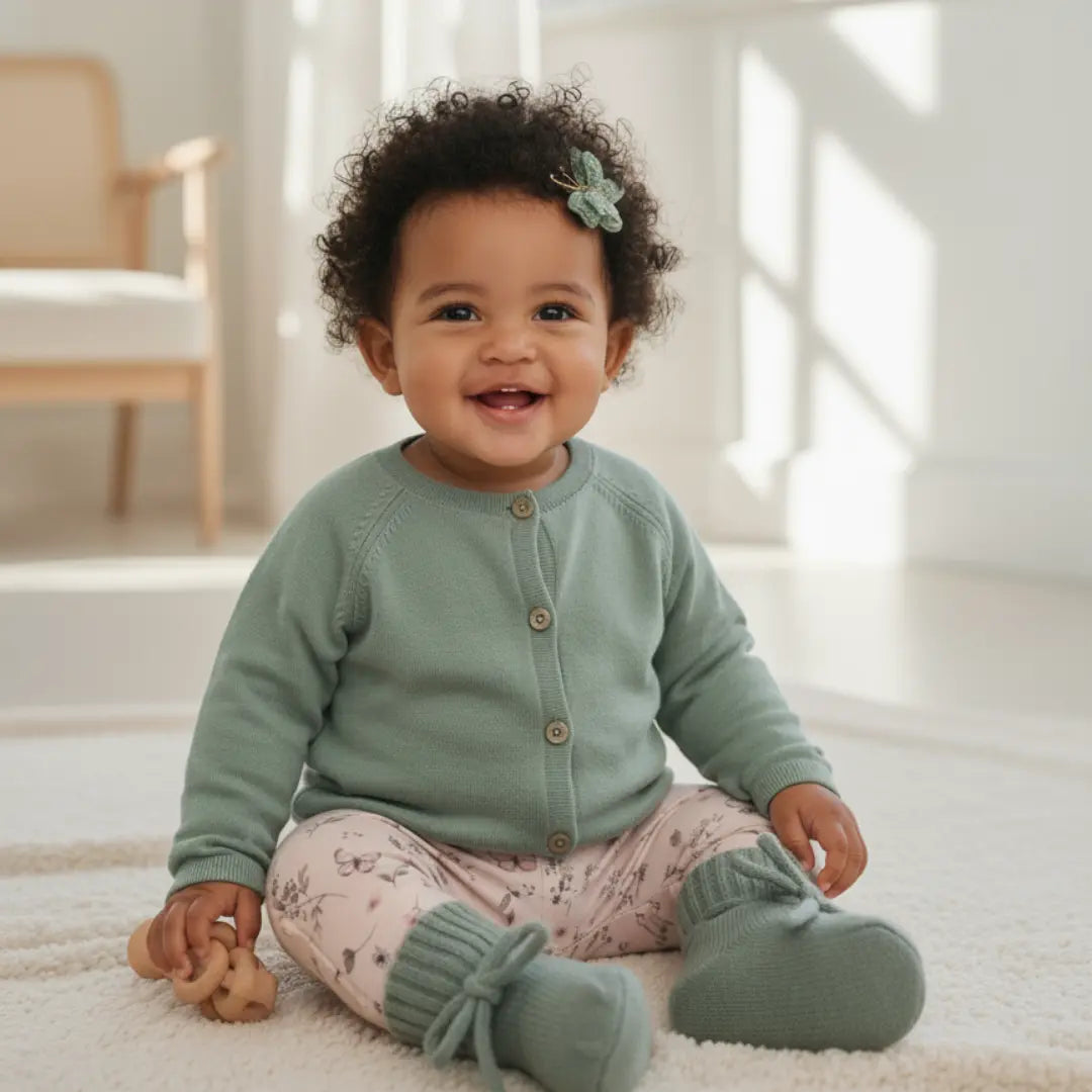 ziitende  baby draagt een gebloemde legging, gecombineerd met een sage groen wollen vetsje en sage groene wollen slofjes van Moalie. In het zwarte krullende haar draagt ze een speldje met een groene vlinder 