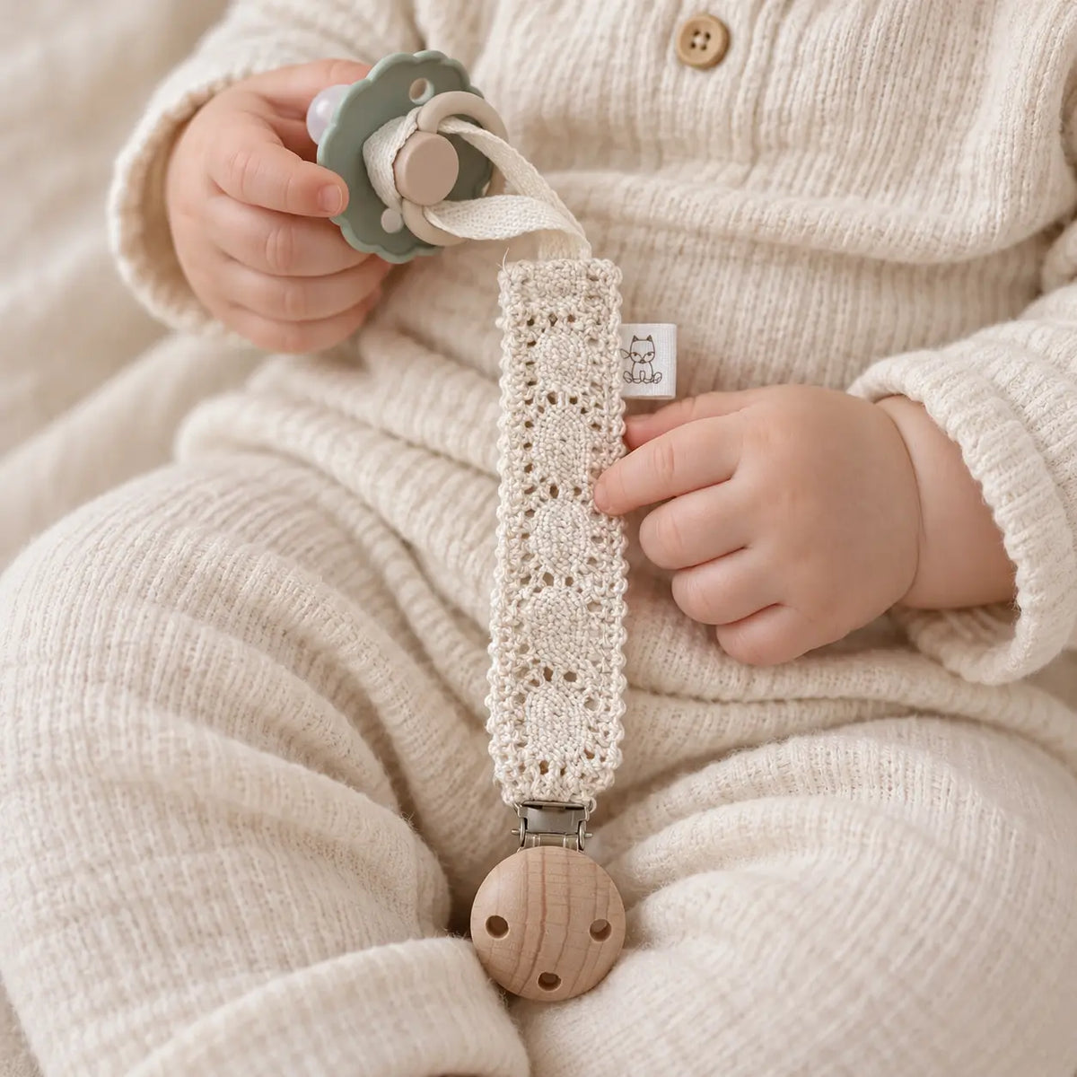 Baby in ecru kleding houdt een speentje vast aan het Speenkoord Lace van katoenen kant met houten clip