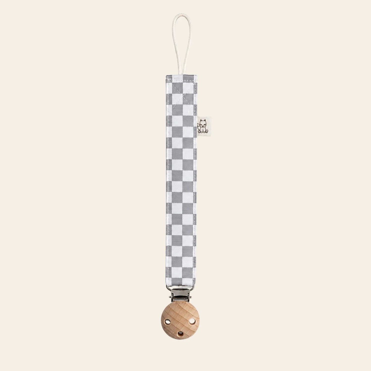 Speenkoord Checkers – grijs – katoen met houten clip