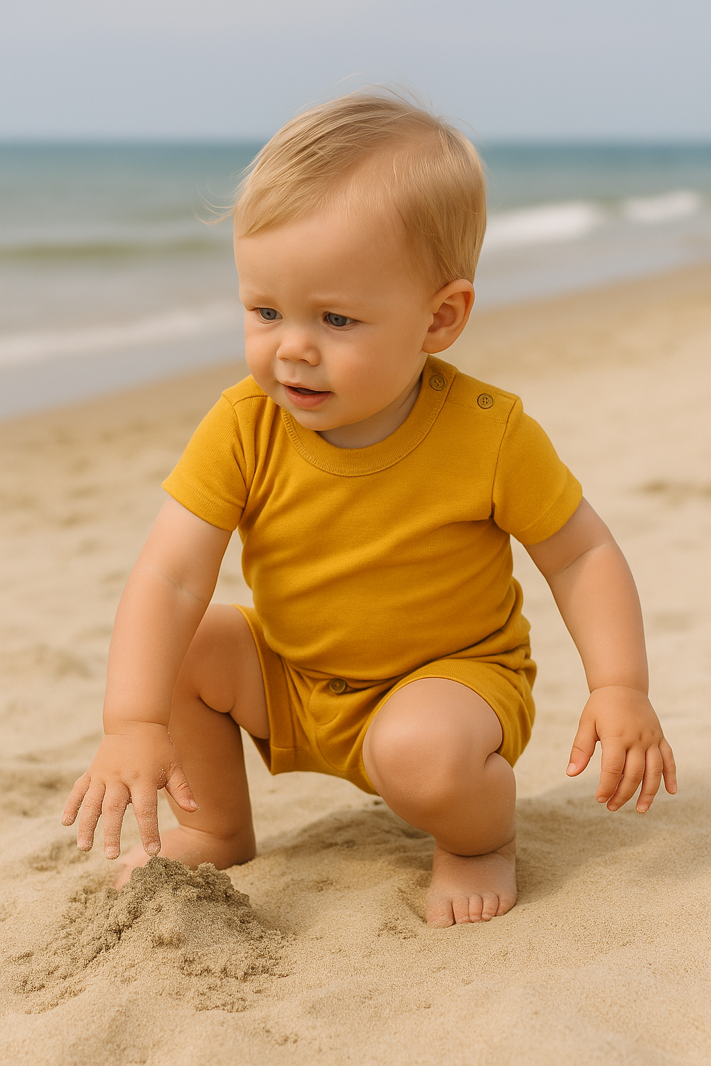 Baby draagt okergeel biologisch katoenen setje (T-shirt en short) terwijl hij spelend over het strand rent – zomerse sfeer, comfortabel en luchtig gekleed.