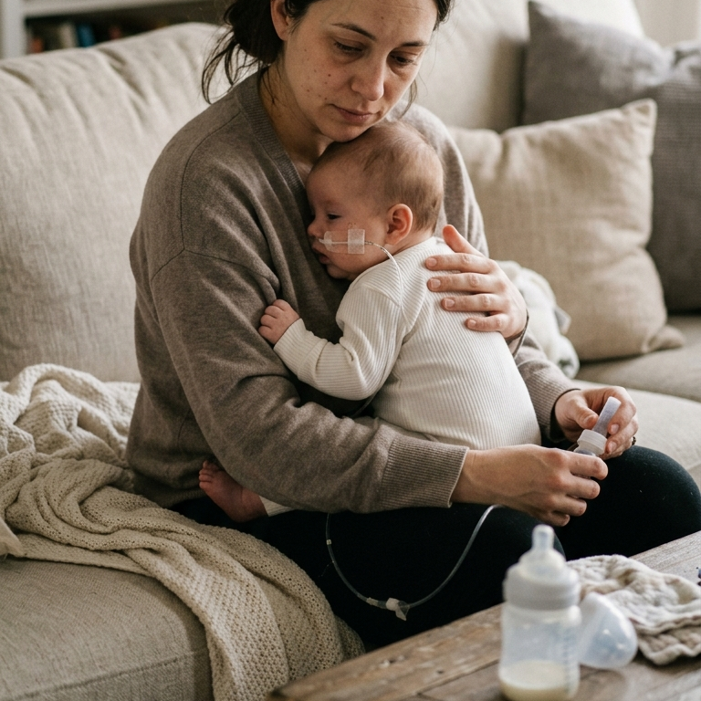 verslagen moeder met baby op schoot die sondevoeding krijgt. 