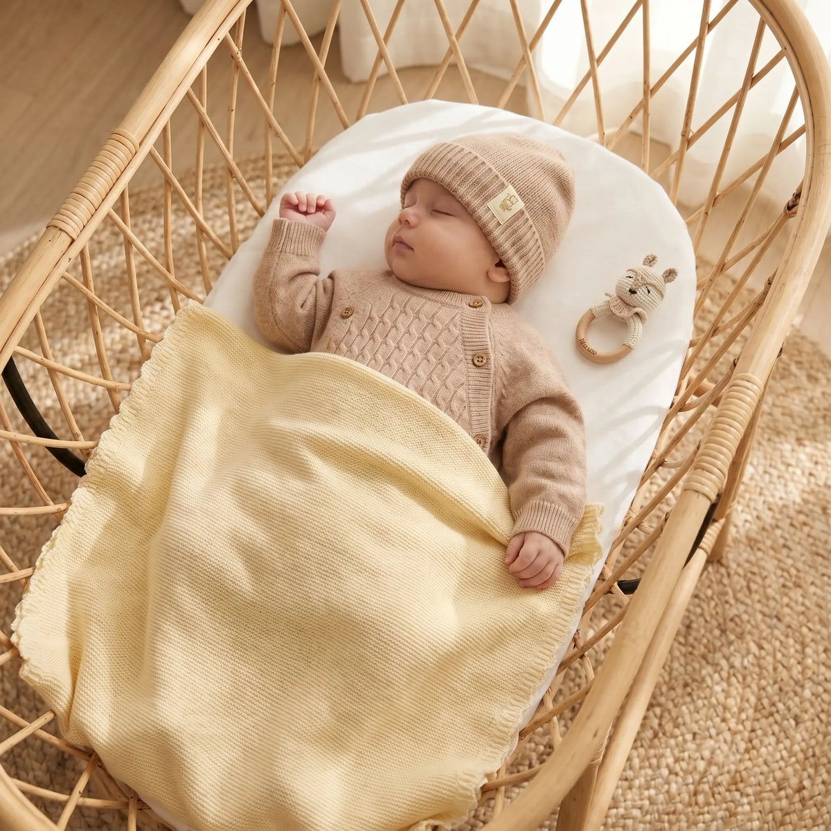 slapende baby onderzacht gele baby deken van gebreid katoen